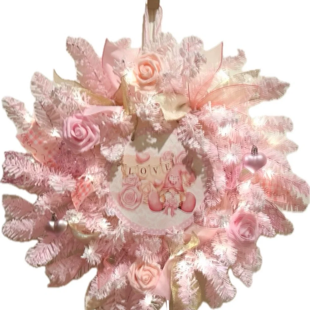 Handmade 22” Valentine’s Day Pink Flocked Garland Gnome LED Wreath W30